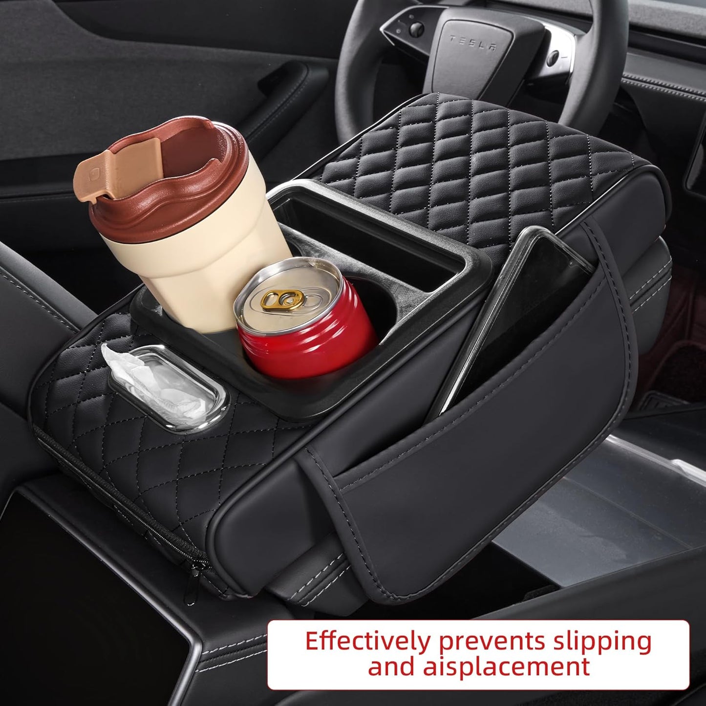 5 in 1 Car Center Console Cover, Armrest Pad with 2 Storage Pockets, Cup Holder, Tissue Slot, Phone Holder, Nappa Leather Memory Foam Car Accessories for SUV Sedan Truck (Black)