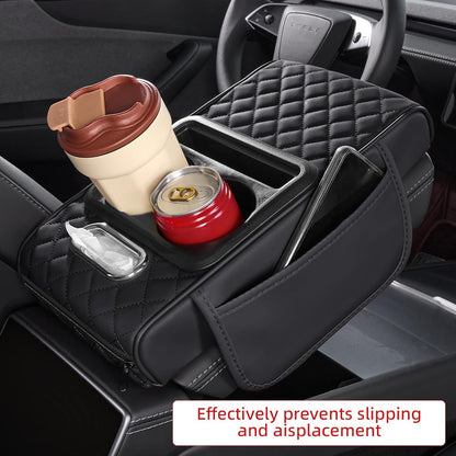 5 in 1 Car Center Console Cover, Armrest Pad with 2 Storage Pockets, Cup Holder, Tissue Slot, Phone Holder, Nappa Leather Memory Foam Car Accessories for SUV Sedan Truck (Black)