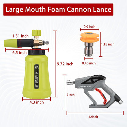 M MINGLE High Pressure Washer Gun with Foam Cannon, Foam Cannon Dual Connector Accessory, Car Wash Foam Gun Kit 1/4 Inch Quick Connector, 5 Pressure Washer Nozzle Tips