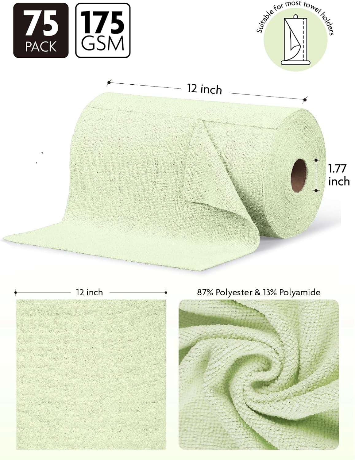 Fantasticlean Microfiber Cleaning Cloth Roll -75 Pack, Tear Away Microfiber Towels, 12" x 12", Reusable, Washable, Scratch Free, Ultra Absorbent for All-Around Cleaning Supplies (DimGray)