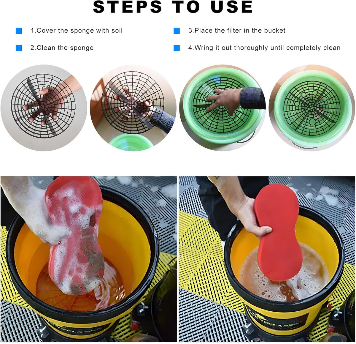 2 PCS Car Wash Bucket Insert, Auto Detail Grit Trap Wash Filter Removes Dirt & Debris, Dirt Guard Insert Fits 12-Inch Diameter or 3-5 Gallon Buckets for Car Detailing Cleaning (Black+Red)