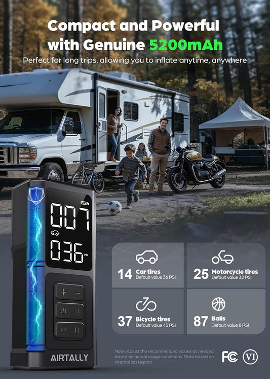 Tire Inflator Portable Air Compressor - 5200mAh 150PSI Quickly Inflate Portable Air Pump for Car Tires/Bike/Basketball with LED Large Dual Screen, Pressure Gauge & Auto Shut-Off