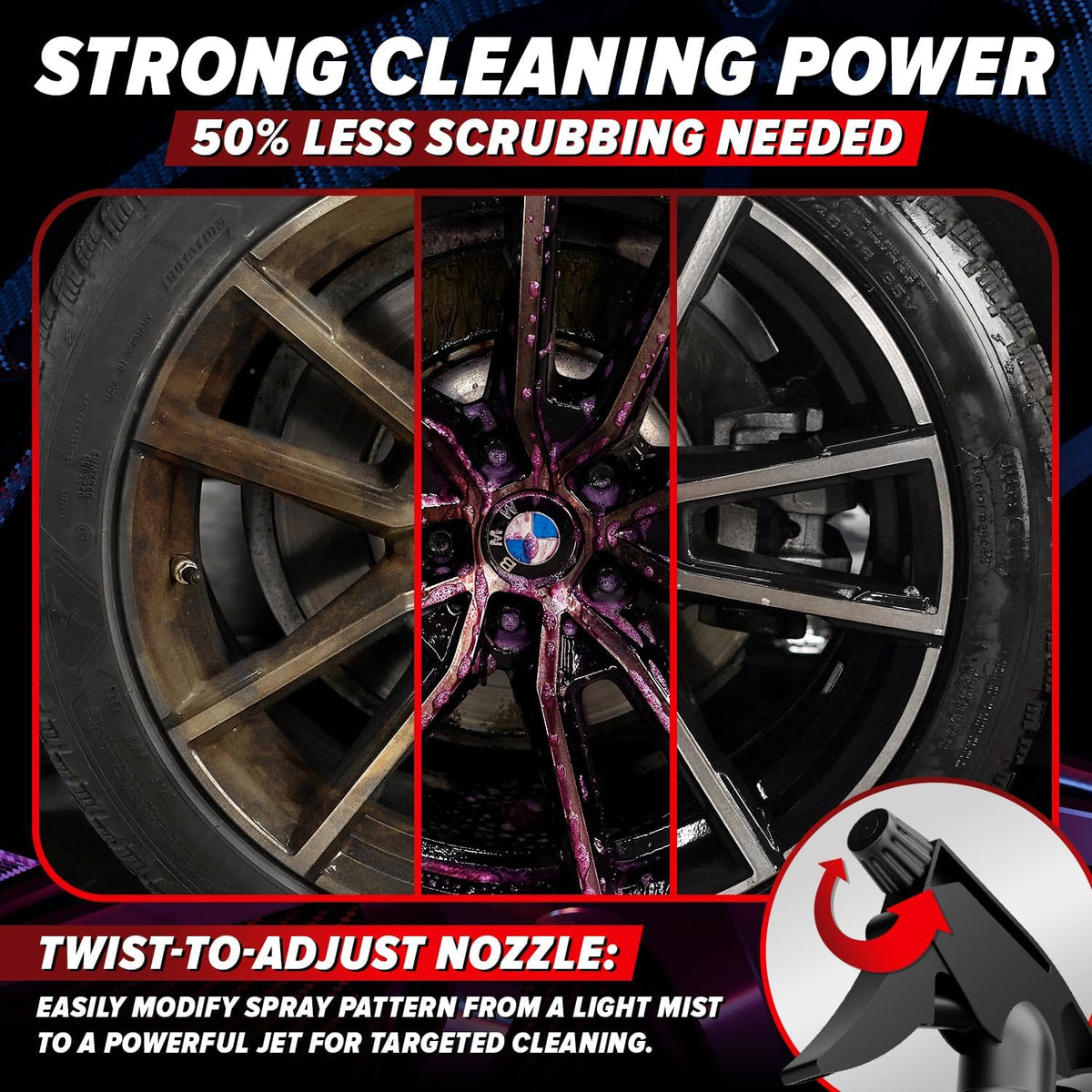 Carfidant Rim Reactor Wheel Cleaner Spray – No Scrub Formula with Purple Iron Remover Reaction – Removes Brake Dust & Grime – Safe for All Wheels (Aluminum, Chrome, Black) – pH Neutral – 16oz