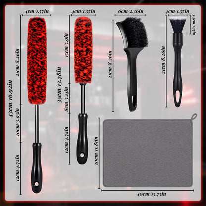SIMPOR 5 Pcs Wheel & Tire Brush Kit with Cleaning Towel, 2 Long Handle Soft Microfiber Wheel Cleaning Brushes, Stiff Tire Brush, Car Detailing Brush, Non-Scratch Bendable Rim Cleaner Brush Set