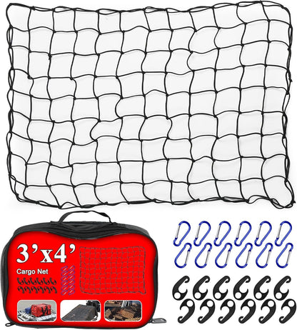 Cargo Net 4' x6' Stretches to 8' x 12' Truck Cargo Net for Pickup Truck Bed- Small 4"x4" Mesh Grid Super Duty Bungee Heavy Duty Bed Netting with 12 Adjustable Metal Carabiners by Cenipar