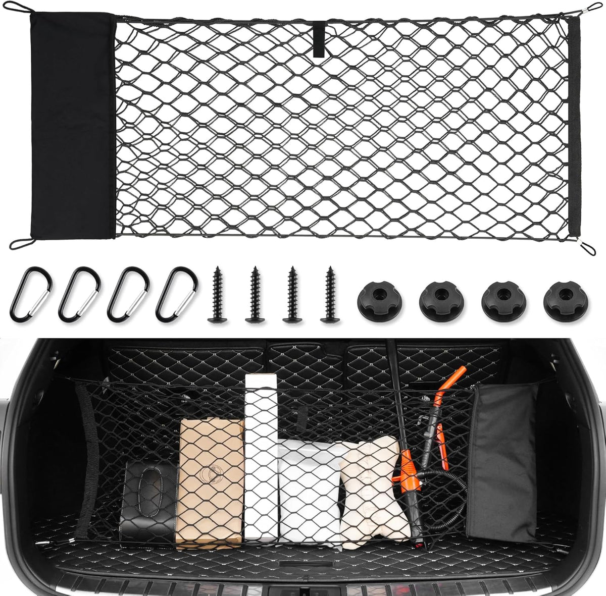 Amiss Cargo Net Stretchable, Car Exterior Accessories, Adjustable Elastic Trunk Storage Net with Hook for SUVs, Cars and Trucks (35.4x15.8 Inch)