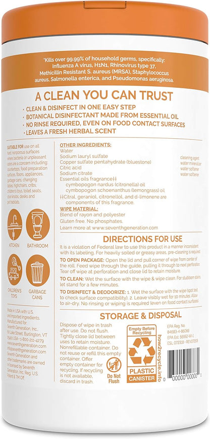 Seventh Generation Disinfecting Wipes, Lemongrass Citrus, 70 Count, 3 Pack, Botanical Multi-Surface Cleaner Kills 99.9% Germs, No Bleach, Plant-Based Formula for Home, Kitchen, Bathroom, Car Interior