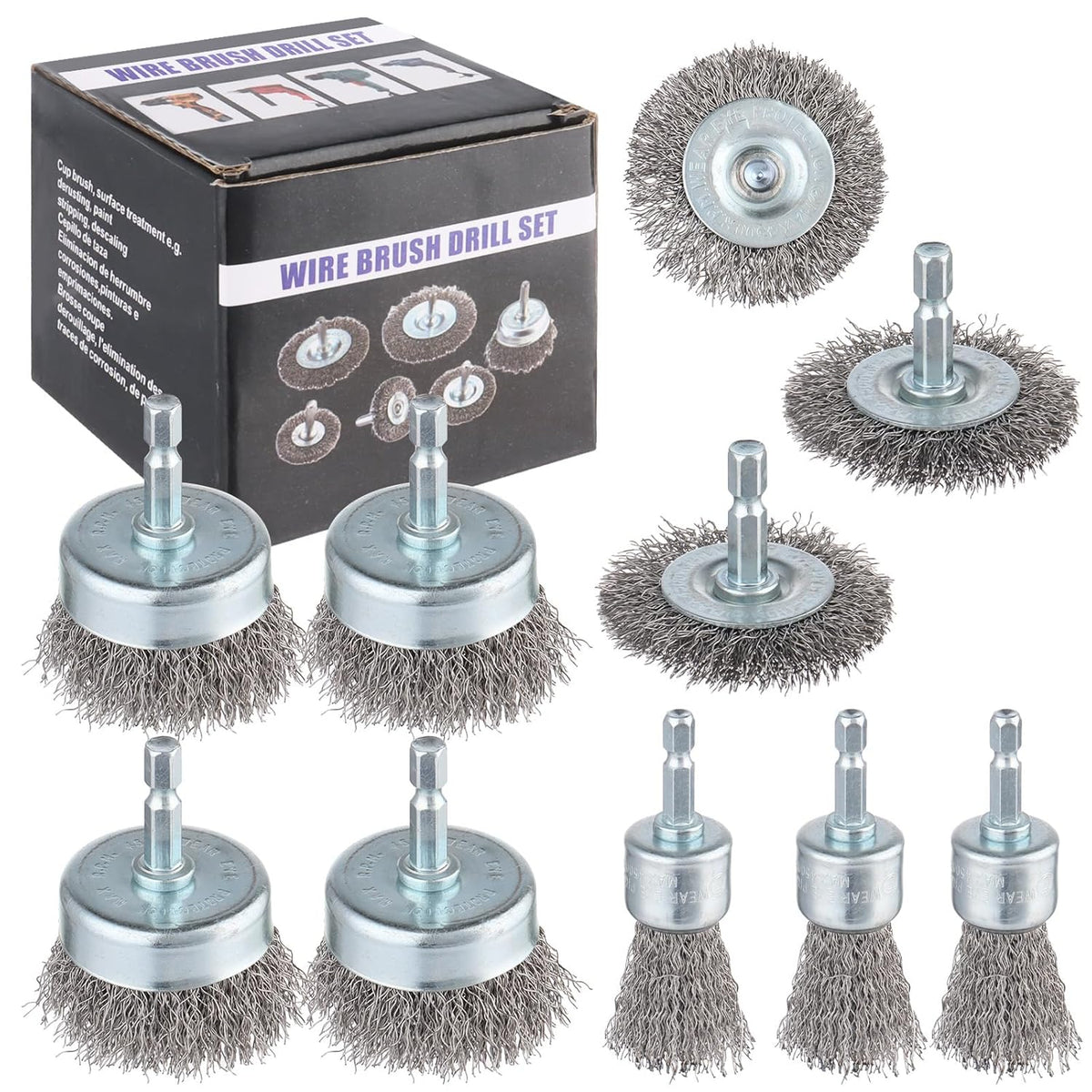 Rocaris 6 Pack Carbon Steel Wire Wheel and Pen Brush Set with 1/4-Inch Hex Shank for Rust Removal, Corrosion and Scrub Surfaces