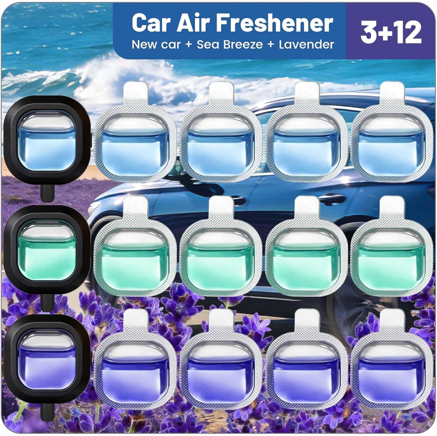 STRN Car Air Freshener, 12 Refills + 3 Square Vent Clips, 5 New Car & 5 Sea Breeze & 5 Lavender Scents, Long Lasting Air Fresheners Car Accessories Fragrance, Each Up to 20-30 Days