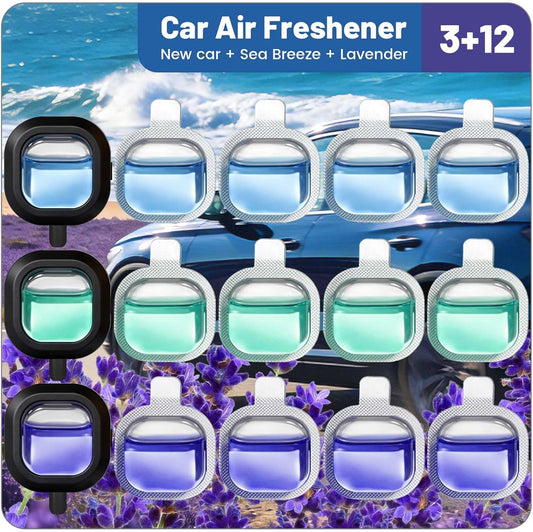 STRN Car Air Freshener, 12 Refills + 3 Square Vent Clips, 5 New Car & 5 Sea Breeze & 5 Lavender Scents, Long Lasting Air Fresheners Car Accessories Fragrance, Each Up to 20-30 Days