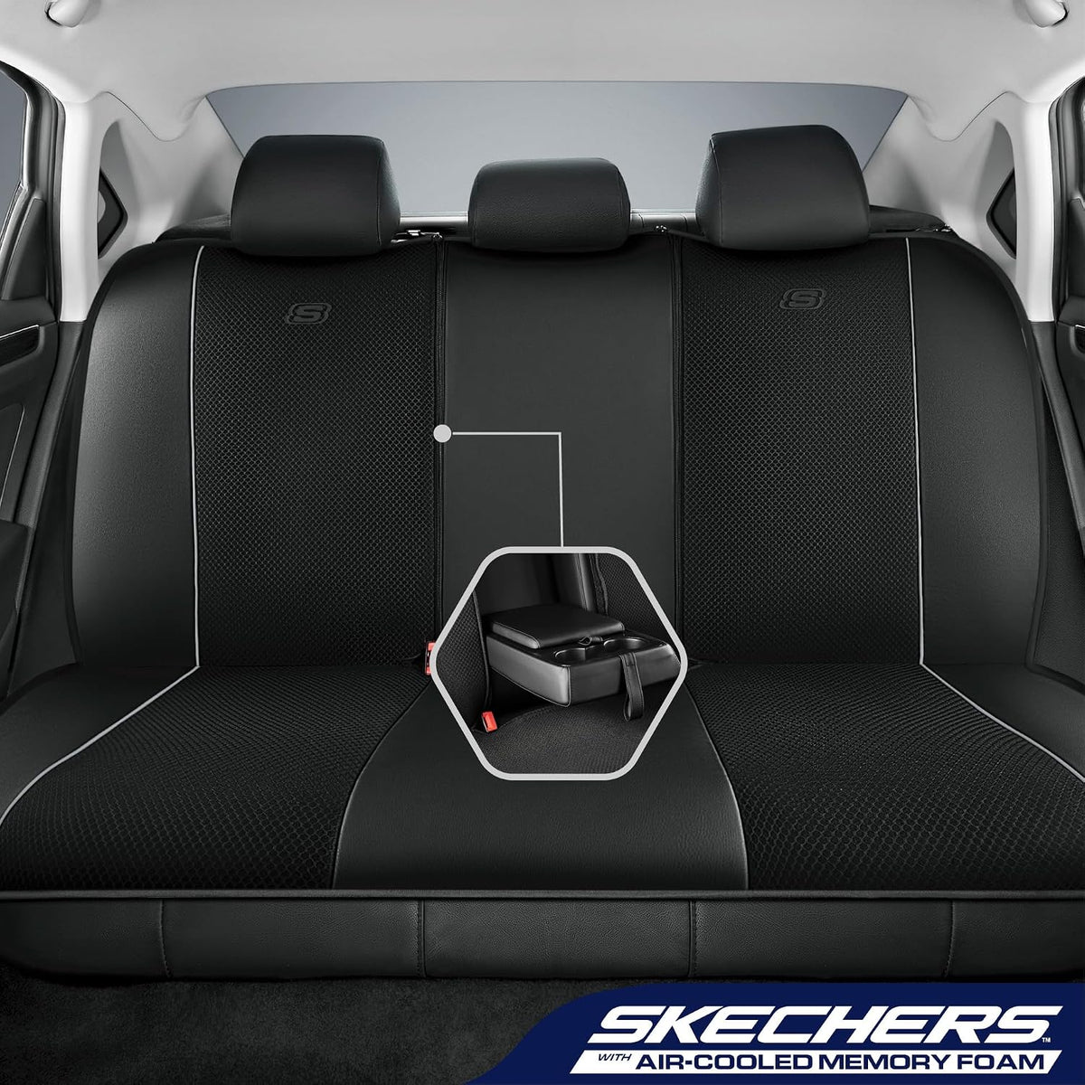 Skechers Air-Cooled Memory Foam Seat Covers,Mesh Thick Car Seat Covers,Piping Leather Car Seat Covers Front Seats,Airbag Compatible,Automotive Comfort Universal FitMost Cars,Vans,Truck,SUV,Black