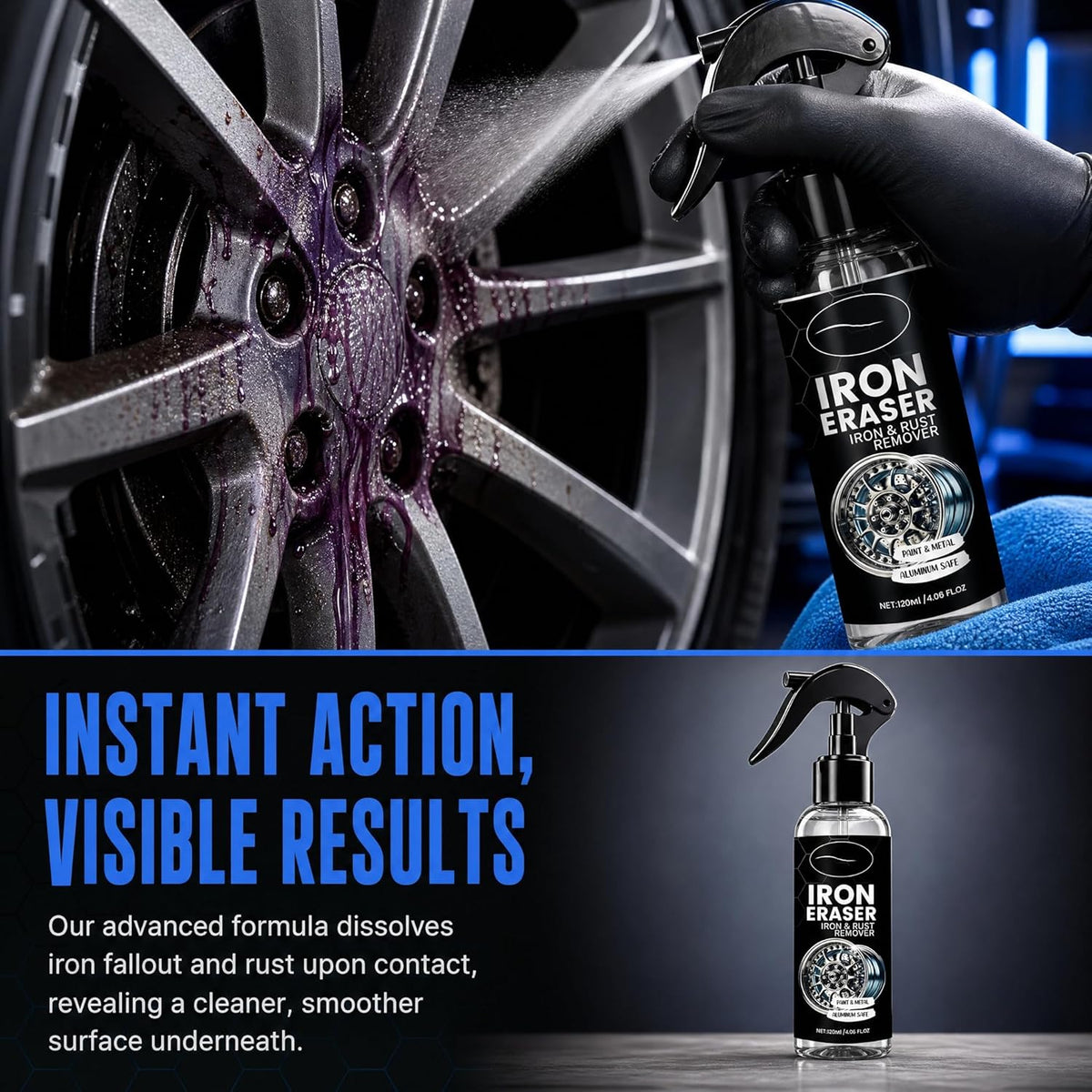 Iron Eraser Rust Remover Spray for Metal,Fast Iron Powder Remover Spray for Car Wheels, Paint & Metal Surfaces (2pcs)
