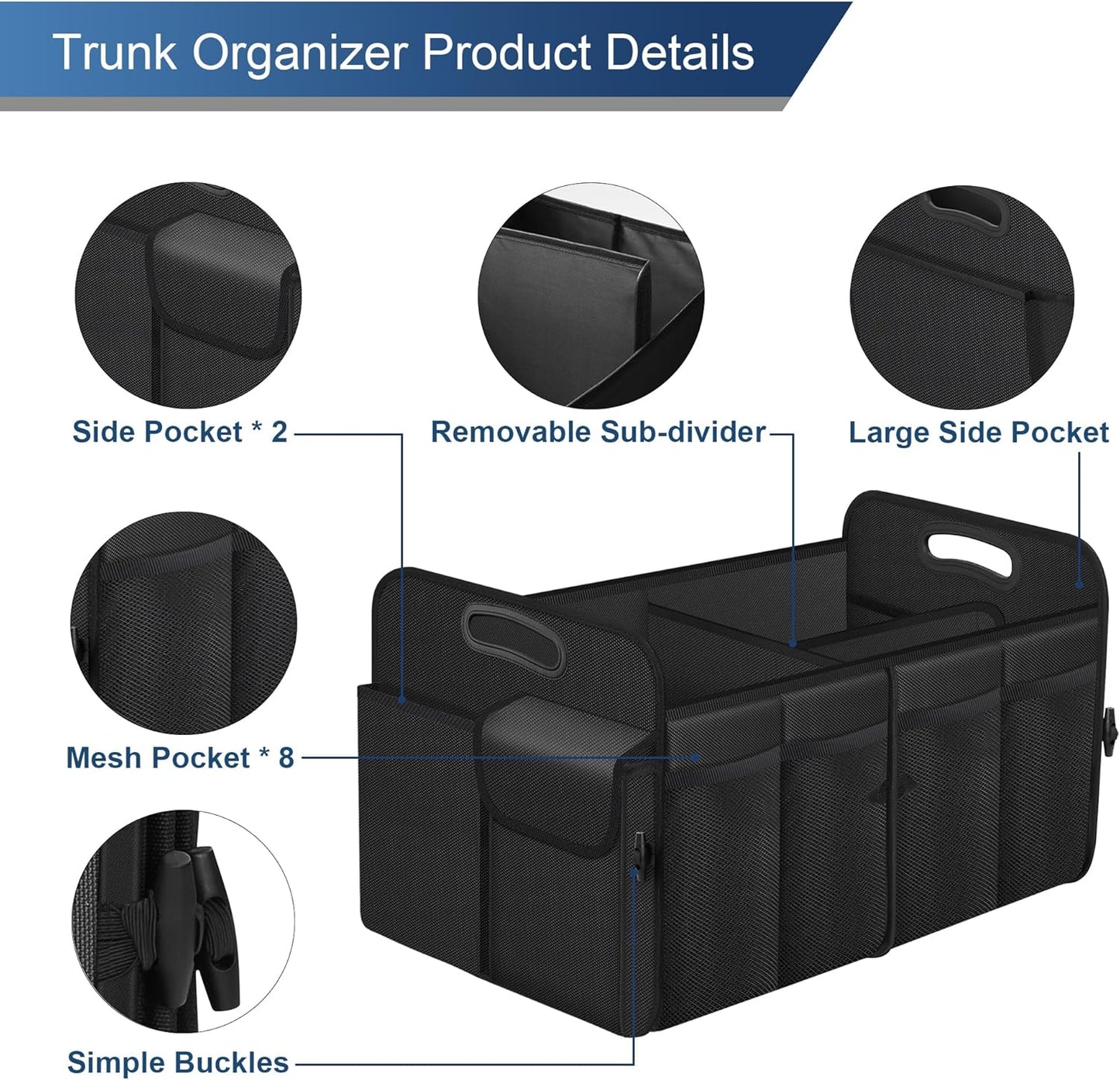 Femuar Car Trunk Organizer with Large Capacity Waterproof Car Accessories for Women & Men, Collapsible Trunk Organizer for Suv/Jeep/Sedan,Tools (Black, Standard)