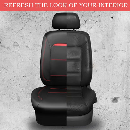 CAR PASS Universal FIT Piping Leather Two Front Seat Covers, Waterproof Faux Leather for SUV Sedan Van Truck, Airbag Compatible,Reserved Opening Holes for Headrest Covers. (Black red)