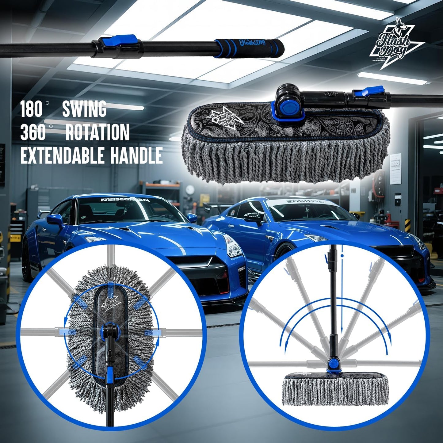 Flash Dog Car Duster Exterior & Interior Duster Aluminum Alloy Extendable Handle and Wax Cotton Strands Scratch-Free Cleaning for Cars, SUVs, RVs | Waterless Dust & Pollen Remover
