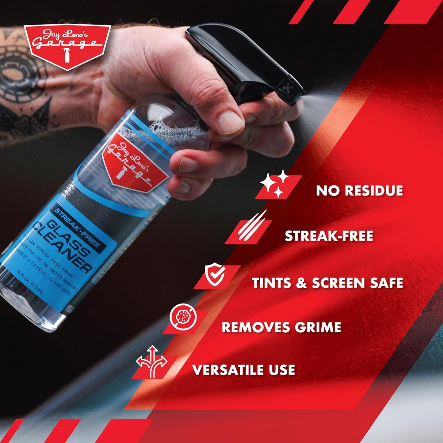 Jay Leno's Garage Glass Cleaner Spray – Streak-Free Auto Glass Cleaner for Cars, Automotive Window Cleaner for Car Windows, Windshields & Mirrors, Tint-Friendly Interior & Exterior Glass – 16 oz