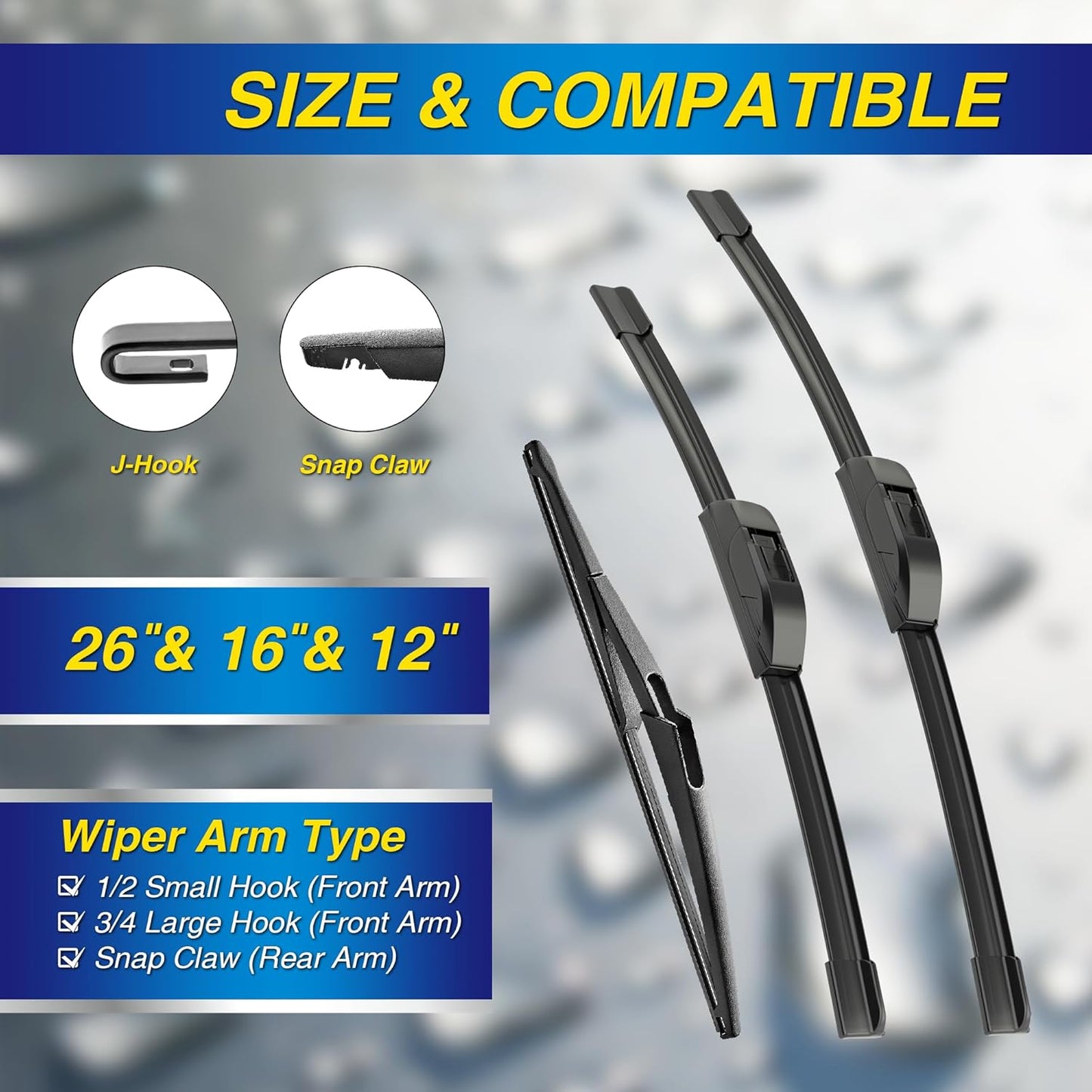 5 PLUS® Silicone Windshield Wipers Replacement for 2019-2024 Toyota RAV4/ 2006-2015 Mazda 5 Wiper Blades(Set of 3), Windshield Wiper Blades For My Car-26"/16"/12" - Colors A