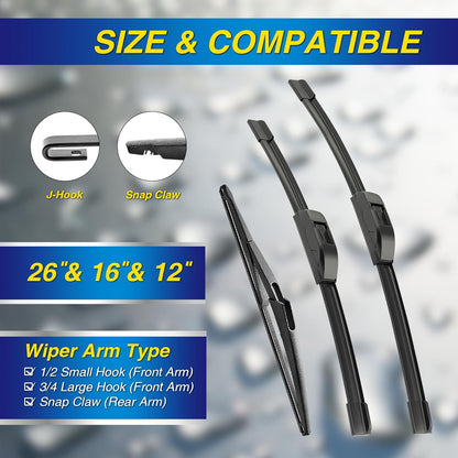 5 PLUS® Silicone Windshield Wipers Replacement for 2019-2024 Toyota RAV4/ 2006-2015 Mazda 5 Wiper Blades(Set of 3), Windshield Wiper Blades For My Car-26"/16"/12" - Colors A