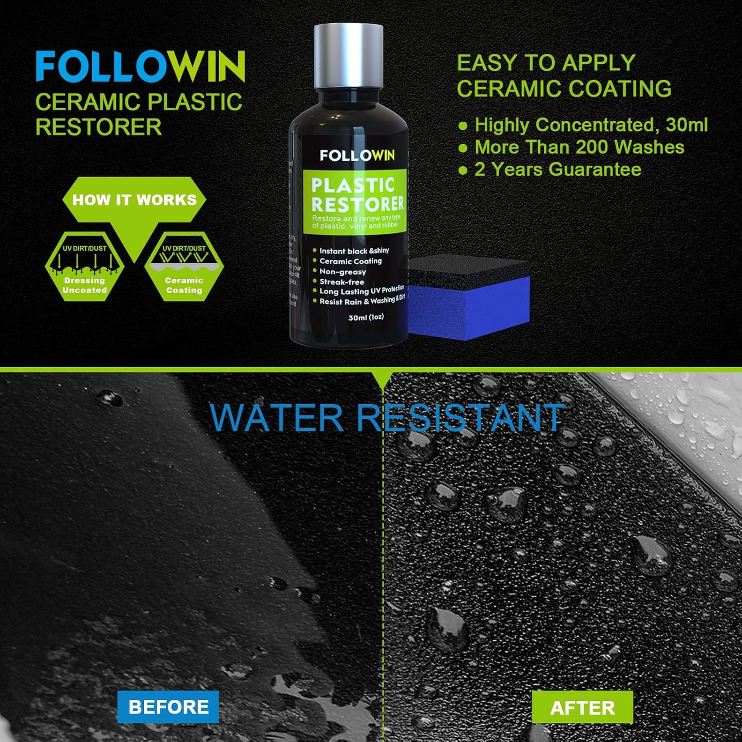 FOLLOWIN Plastic Restorer for Cars, Professional Ceramic Trim Restorer for Black Plastic Trim Restoration, Non Greasy Formula, Streak Free Finish to Plastic, Rubber & Vinyl on Truck, SUV and RV, 30ml