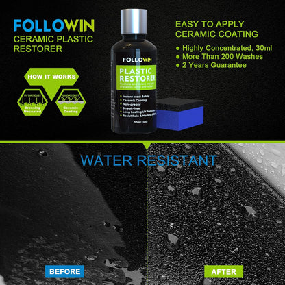 FOLLOWIN Plastic Restorer for Cars, Professional Ceramic Trim Restorer for Black Plastic Trim Restoration, Non Greasy Formula, Streak Free Finish to Plastic, Rubber & Vinyl on Truck, SUV and RV, 30ml