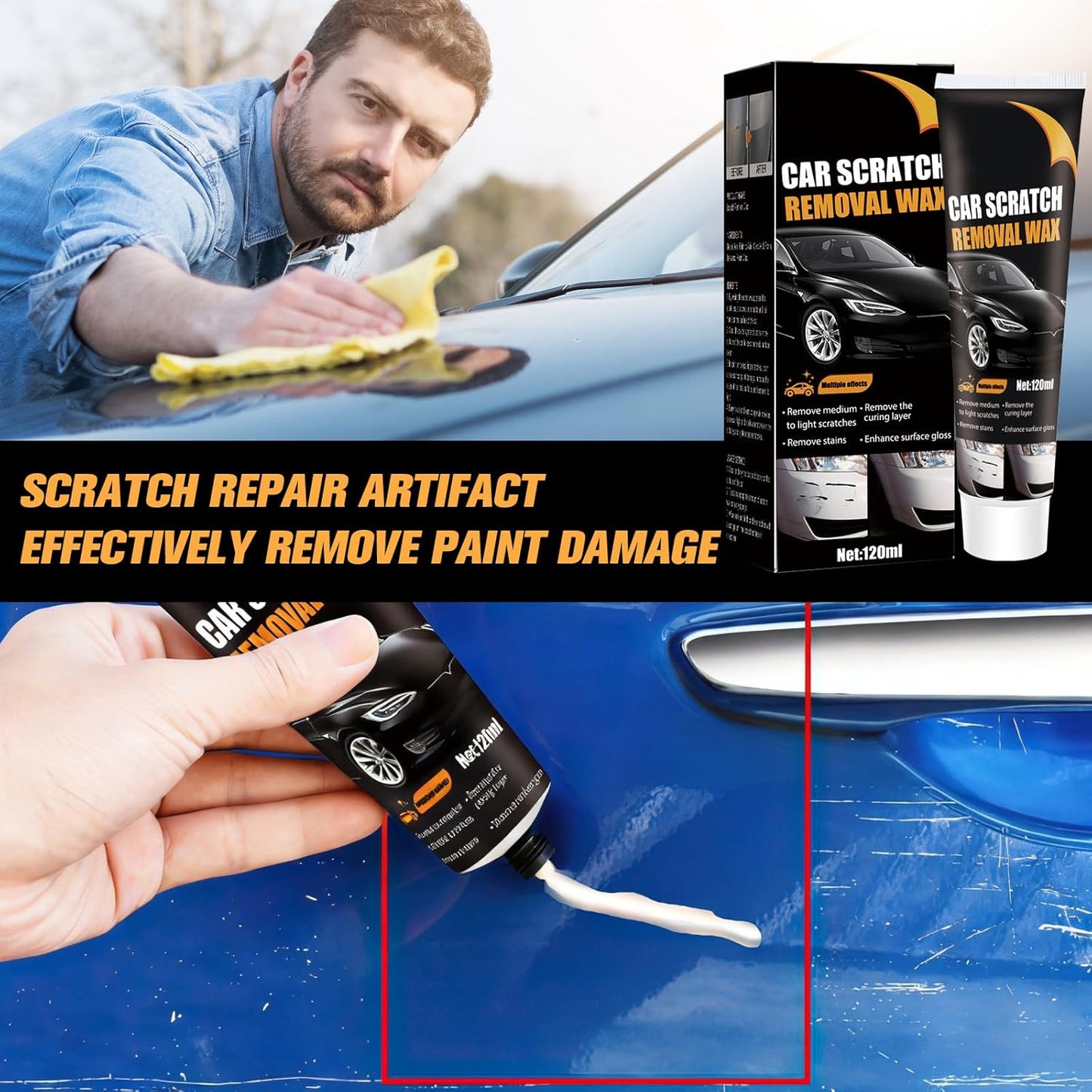 2Pcs Car Scratch Remover Wax, Professional Scratch Remover for Vehicles, Car Scratch Repair Paste for Deep Scratches with Wipe and Sponge,Universal Car Scratch Removal Wax for Deep Scratches Paste Kit