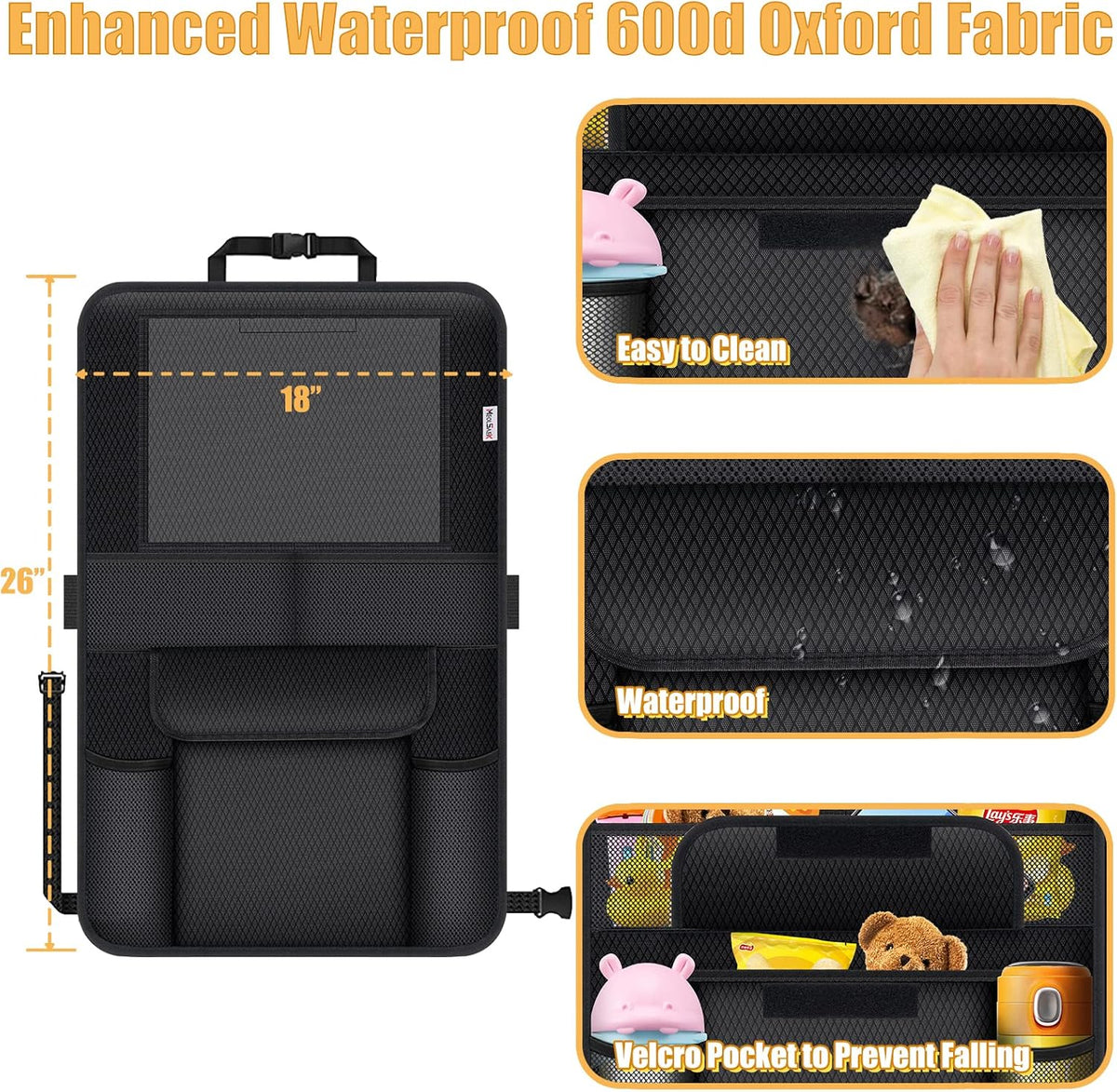 Meolsaek Kick Mats Back Seat Protector, Waterproof Oxford Seat Back Protector, Car Seat Back Protector for Kids, Back of Seat Protector for Kids Feet Car Seat (Black A -1pc)