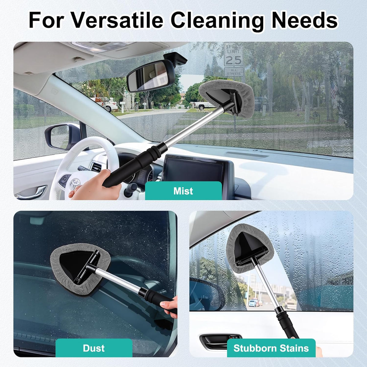 JUSTTOP Windshield Cleaner Tool, Car Interior and Exterior Window Cleaning Kit with Extendable Handle & 4 Reusable Microfiber Pads, Auto Glass Wiper Brush Kit for Car & Home Windows (Green)