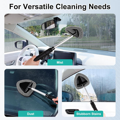 JUSTTOP Windshield Cleaner Tool, Car Interior and Exterior Window Cleaning Kit with Extendable Handle & 4 Reusable Microfiber Pads, Auto Glass Wiper Brush Kit for Car & Home Windows (Green)