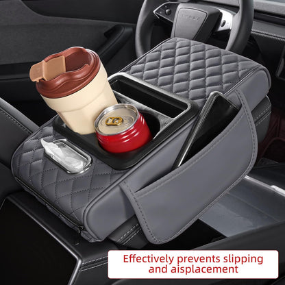 5 in 1 Car Center Console Cover, Armrest Pad with 2 Storage Pockets, Cup Holder, Tissue Slot, Phone Holder, Nappa Leather Memory Foam Car Accessories for SUV Sedan Truck (Black)