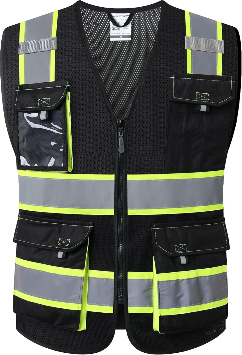 JKSafety Hi Vis Reflective Safety Vests for Men Women High Visibility Vest with Pockets Mesh Fabric Construction Safety Apparel Neon Vest for Work (220-Black L)