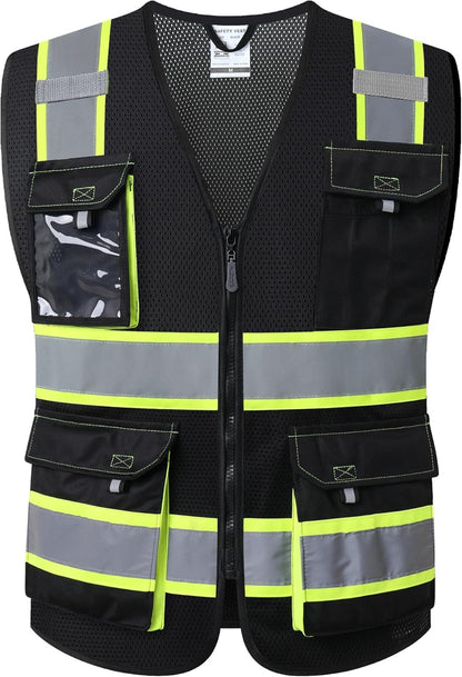 JKSafety Hi Vis Reflective Safety Vests for Men Women High Visibility Vest with Pockets Mesh Fabric Construction Safety Apparel Neon Vest for Work (220-Black L)
