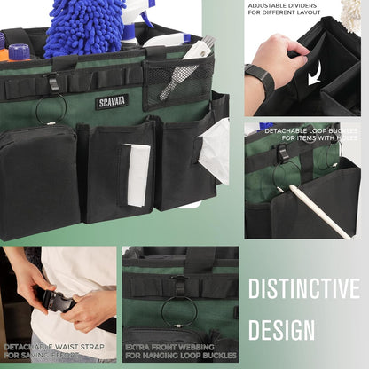 SCAVATA Wearable Cleaning Caddy Bag, Supplies Organizer with Handle & Shoulder Straps for Housekeepers, Under Sink & Car Cleaning Tool Organizer with 4 Foldable Dividers (Black)
