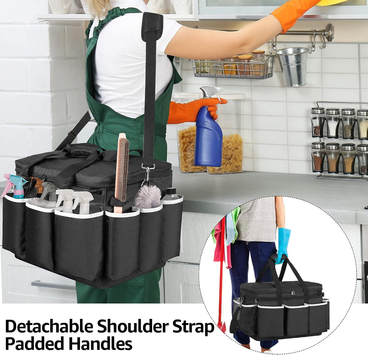 HODRANT Extra-Large Cleaning Caddy with EVA Hard Bottom, High Capacity Cleaning Supplies Organizer for Housekeeping & Home Work, Cleaner Tools Tote Bag with Shoulder Strap, Patent Design