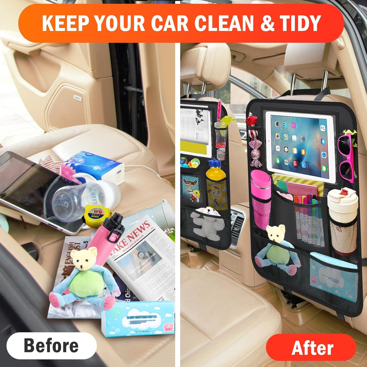 2Pack Car Backseat Organizer with Foldable Table Tray,6 Storage Pockets Car Storage Organizer with Tablet Holder,Car Seat Back Protectors Kick Mats Travel Accessories (Black)