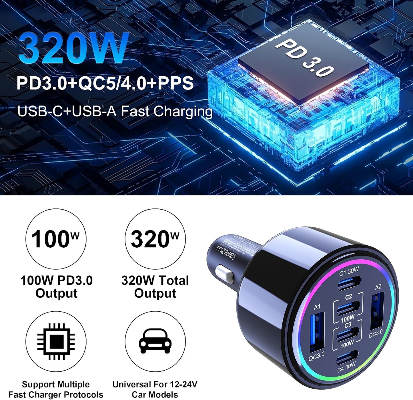 320W USB C Car Charger, 6 Ports Type C Car Charger, PD3.0/QC4.0/PPS Super Fast Charging for iPhone 17/16/15 Series, Galaxy S25/S24/23, iPad, MacBook Pro/Air, Laptop (Black)