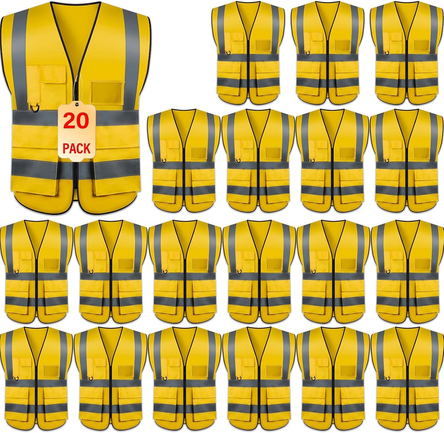Safety Vests 20 Pack,Hi Vis Construction Vest with 5 Pockets and Zipper,Reflective Vest for Men Women Work One Size