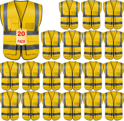Safety Vests 20 Pack,Hi Vis Construction Vest with 5 Pockets and Zipper,Reflective Vest for Men Women Work One Size