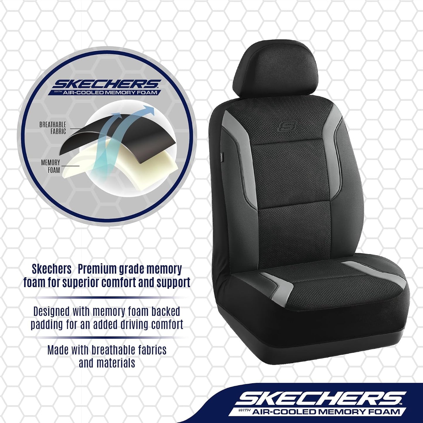 Skechers Memory Foam Seat Covers, Air Cool Mesh Thick Car Seat Covers, Car Seat Covers Front Seats Airbag Compatible, Universal Automotive Comfort for Most Cars, Vans, Trucks, SUV,Black