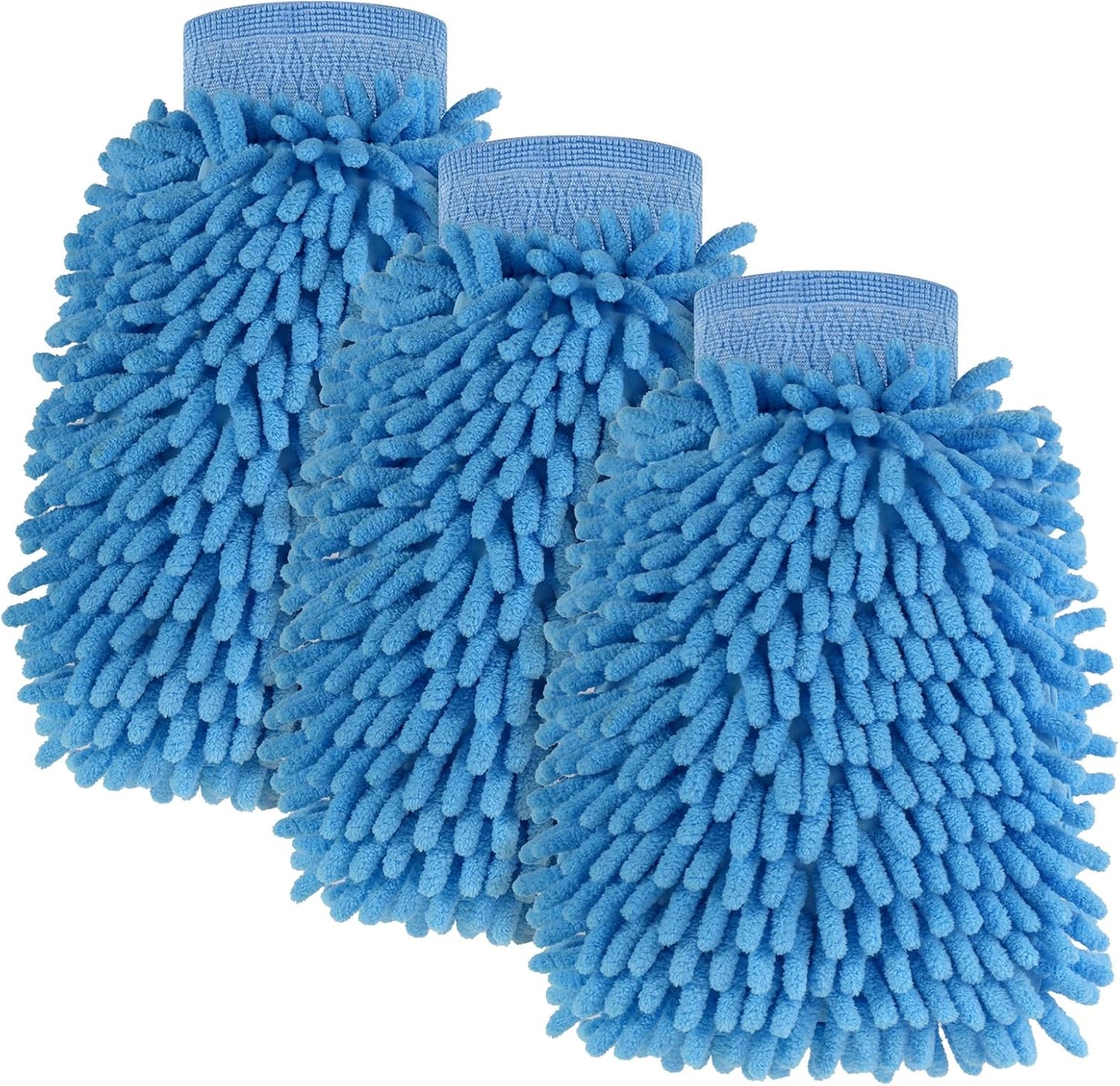 3 Pack Chenille Microfiber Car Wash Mitt, 7" x 9.6" Car Washing Mitts, Home Dusting Gloves, Scratch Free Lint-Free, Highly Absorbent, Double Sided, for Cleaning Detailing Polish (Green)