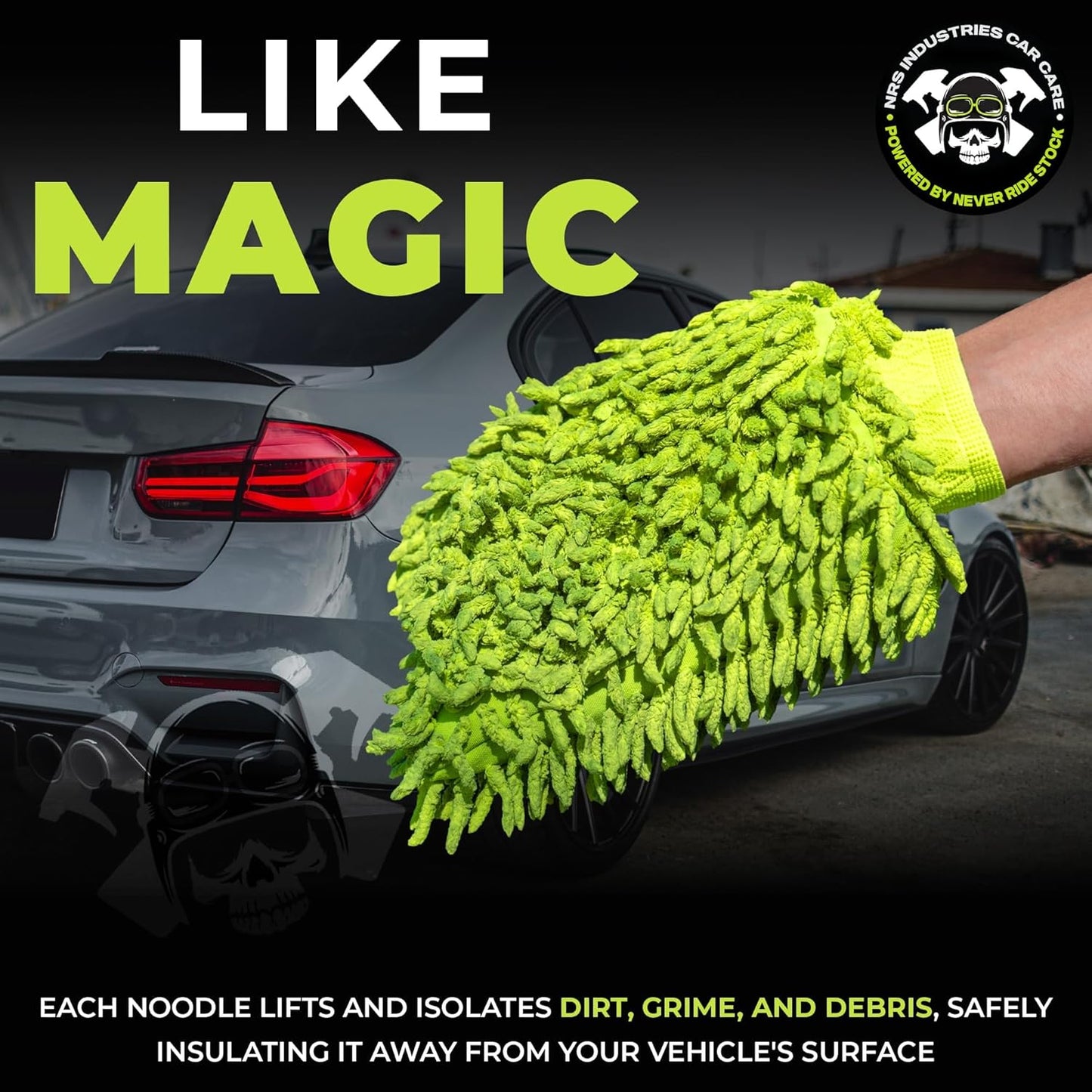 Never Ride Stock Microfiber Car Wash Mitt – Scratch-Free Chenille, Extra Thick & Ultra Absorbent – Safe for Black & Dark Paint – Lint-Free, Reusable Auto Cleaning Glove