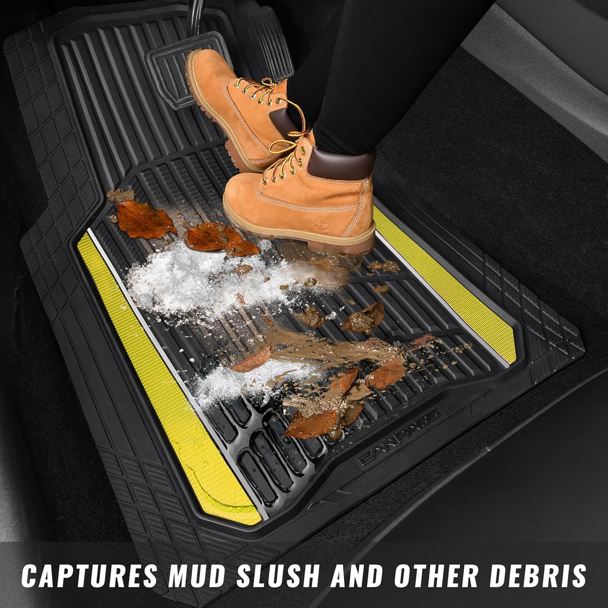 CAR PASS Heavy Duty Rubber Car Floor Mats, Deep Waterproof Car Floor Mats All Weather, Aluminum Film Floor Mats for Cars Non-Slip Universal Trim to Fit for SUVs Trucks Sedans Vans, Black Grey Metallic