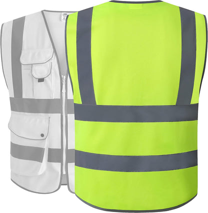 JKSafety 9 Pockets Class 2 High Visibility Zipper Front Safety Vest With Reflective Strips,Meets ANSI/ISEA Standard (Large, 150-Yellow) - Colors A