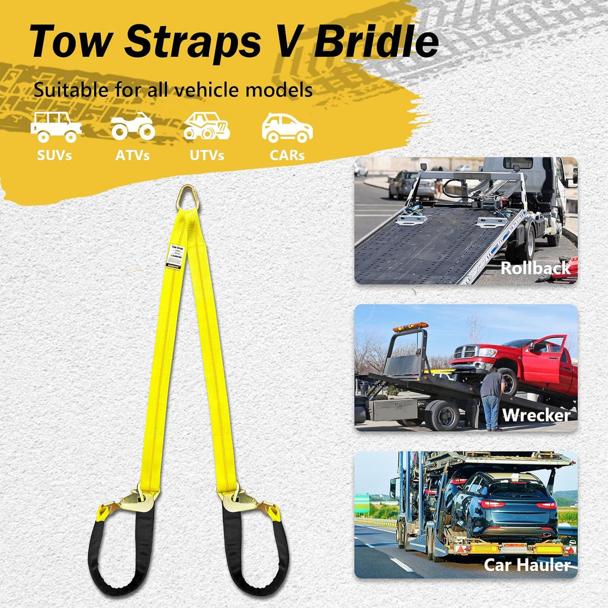 2" x 4' Axle Tie Down V-Bridle Recovery Tow Traile Strap 4700LBS | Polyester Webbing w/Cordura Sleeves and Axle Straps, Snap Hooks Design, Middle D-rings Design, Ideal for All Vehicle Models
