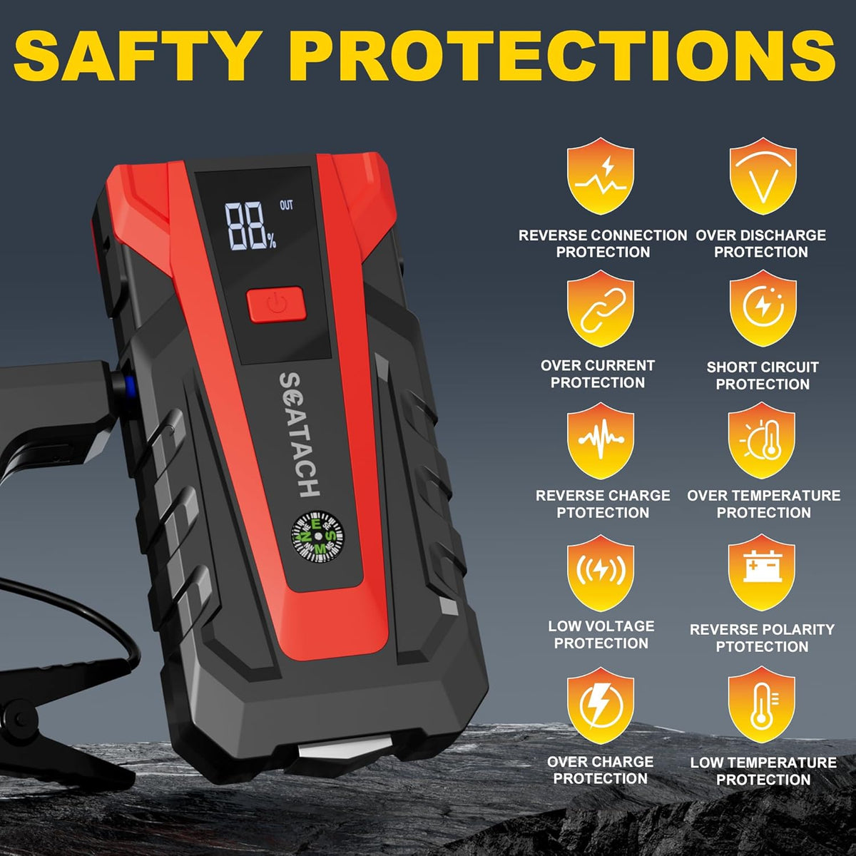 Scatach 3000A Car Battery Jump Starter,12V Jump Starter Battery Pack Portable (up to 9.0L Gasoline and 7.0L Diesel Engine), Jump Box with 3 Modes Flashlight and Jumper Cables