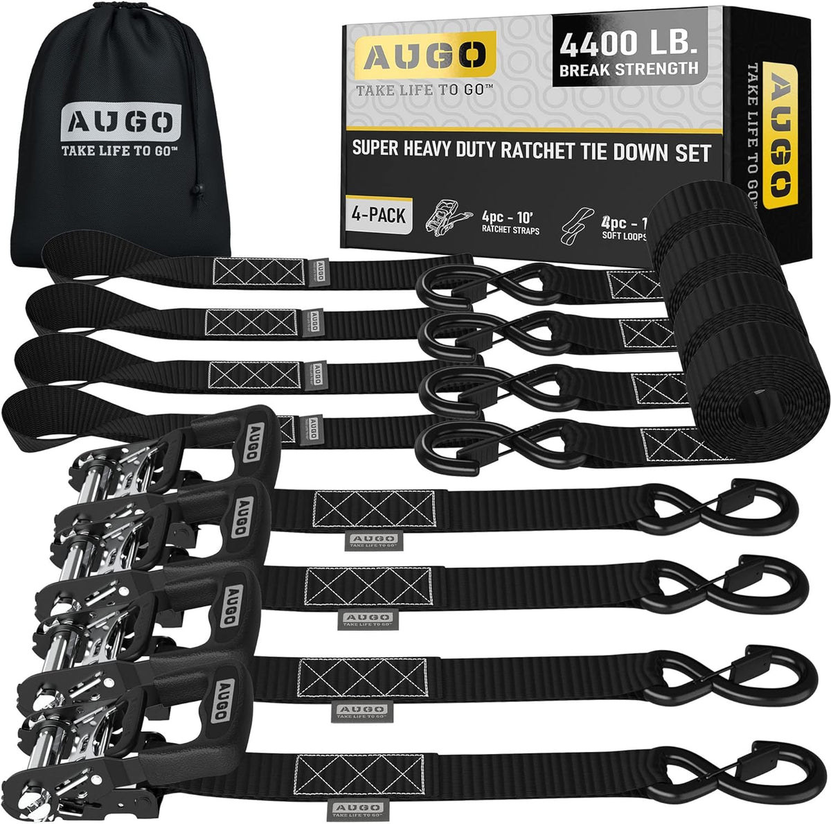 AUGO Ratchet Straps Heavy Duty 4 Pack -15 FT - 2200 LB Break Strength – with Safety Lock S Hooks - Cargo Straps for Moving, Appliances, Motorcycle – Soft Loop Tie Down Straps