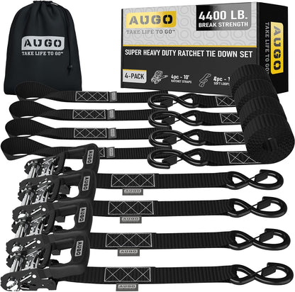 AUGO Ratchet Straps Heavy Duty 4 Pack -15 FT - 2200 LB Break Strength – with Safety Lock S Hooks - Cargo Straps for Moving, Appliances, Motorcycle – Soft Loop Tie Down Straps