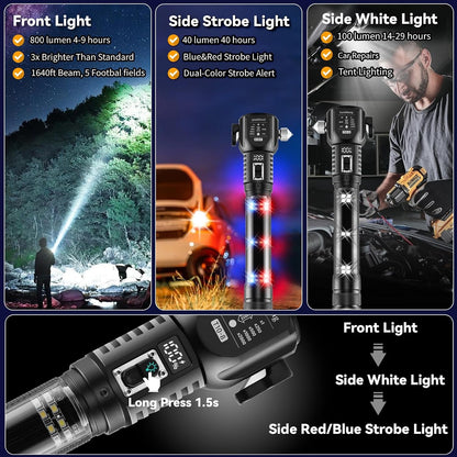 18-in-1 Car Emergency Flashlight, Window Breaker Seatbelt Cutter | 800LM solar/usb flashlight, magnetic base, emergency power bank, electric lighter, 120dB alarm & compass. Ideal driver gift