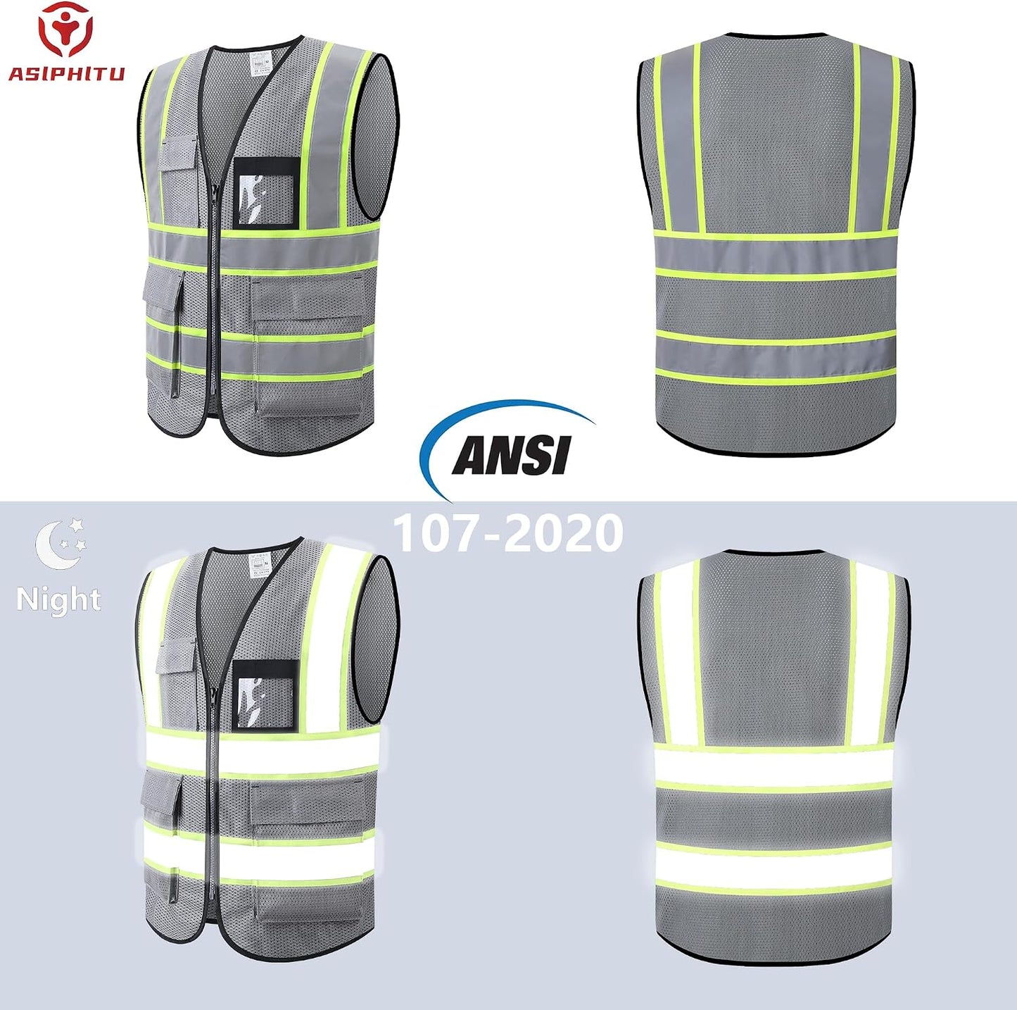 Reflective High Visibility Safety Vest for Men Women with Pockets Zipper Front Meets ANSI/ISEA Standards