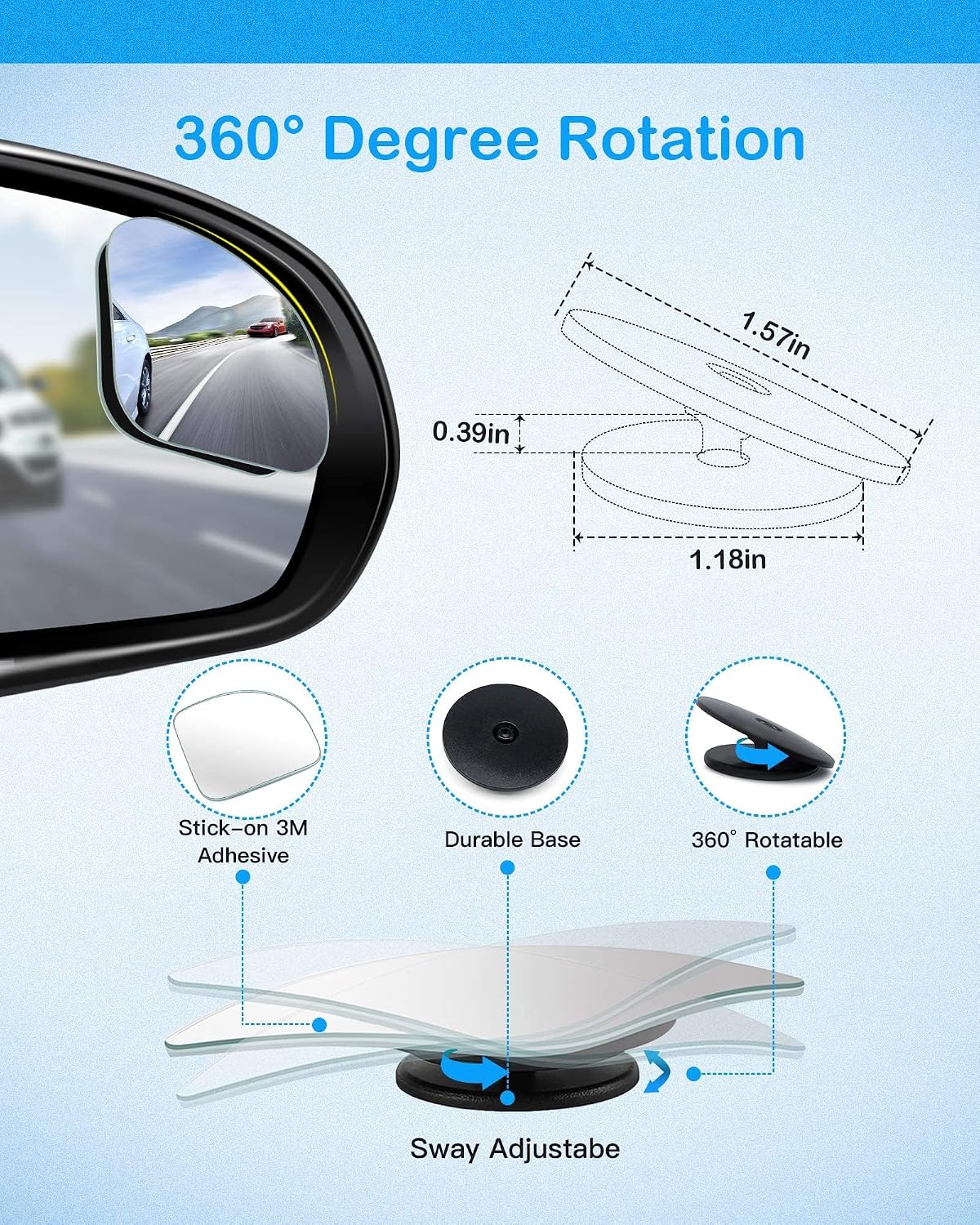 CUNCUI 2pcs Fan Shaped Blind Spot Mirror, 360 Degree Adjustabe HD Glass Blind Spot Mirrors, Frameless Convex Rear View Mirror, for any Car, Van, Suv and Trucks.