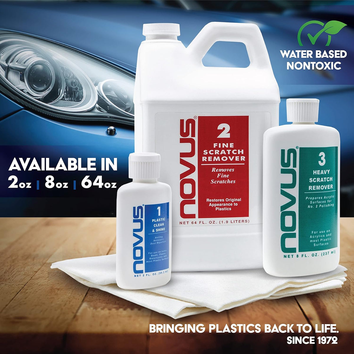 NOVUS Clear in Five Headlight Restoration Kit | 2 Ounce #1, 2, & 3 Bottles, Buffing Pad, Backing Pad Drill Attachment, 1,000 Grit Sanding Disk, 3 Polish Mates